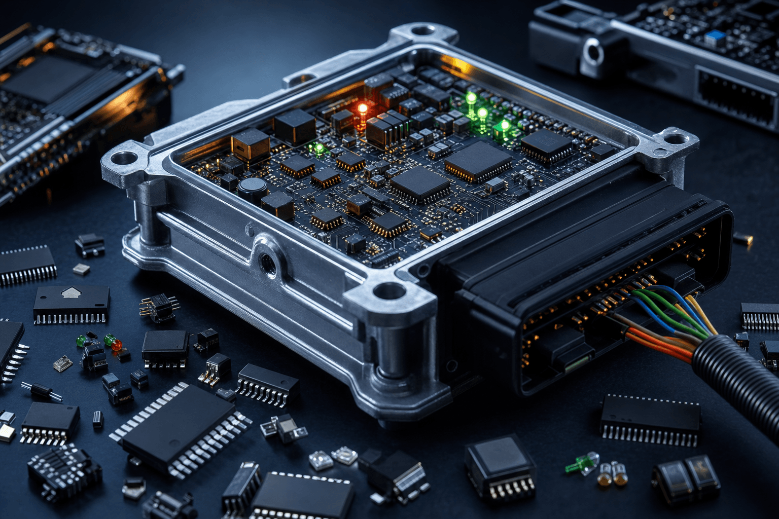 Black gold visual of LED display components and control electronics