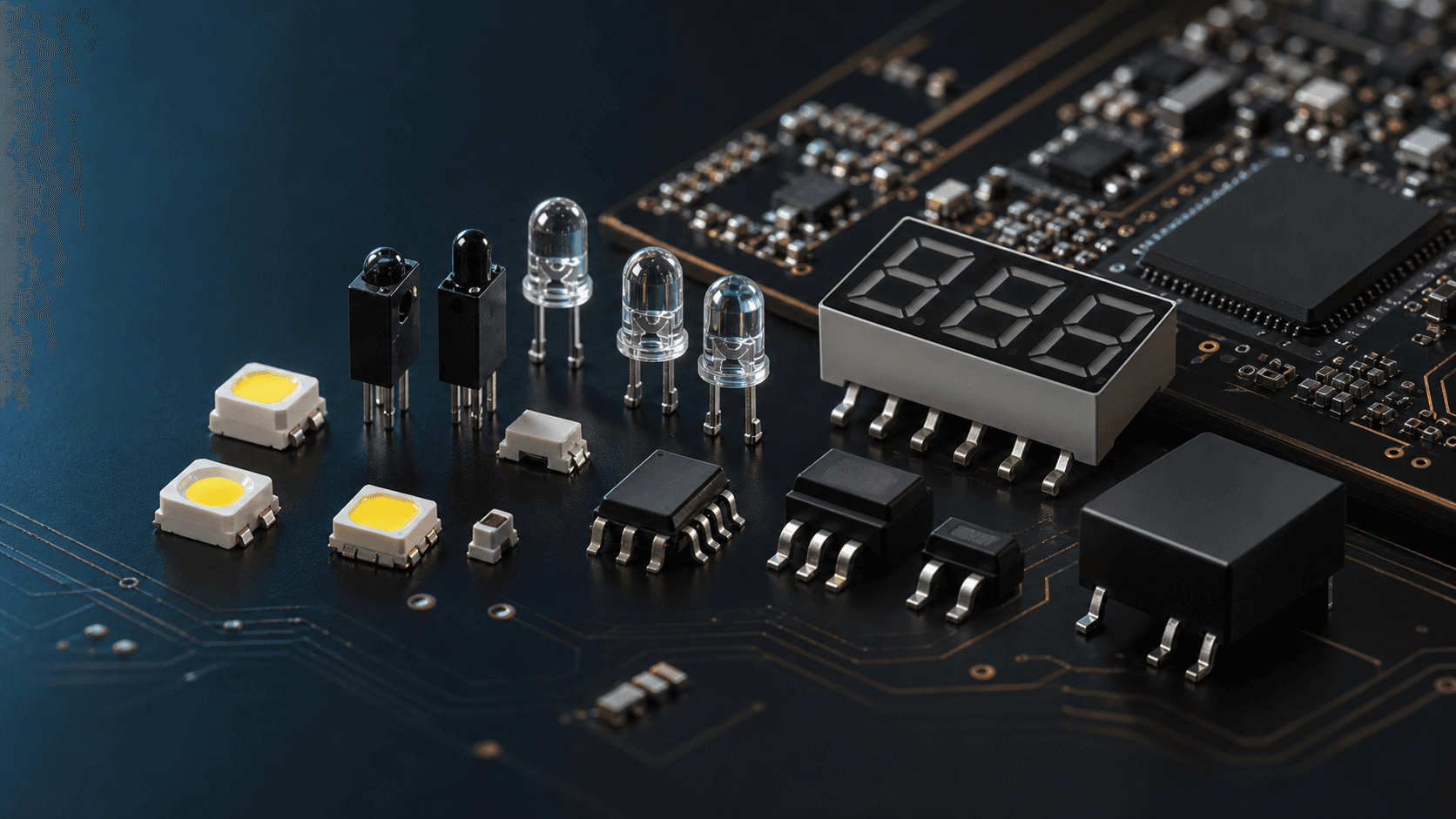 Black gold macro visual of LED packages, optocouplers, infrared components and circuit traces
